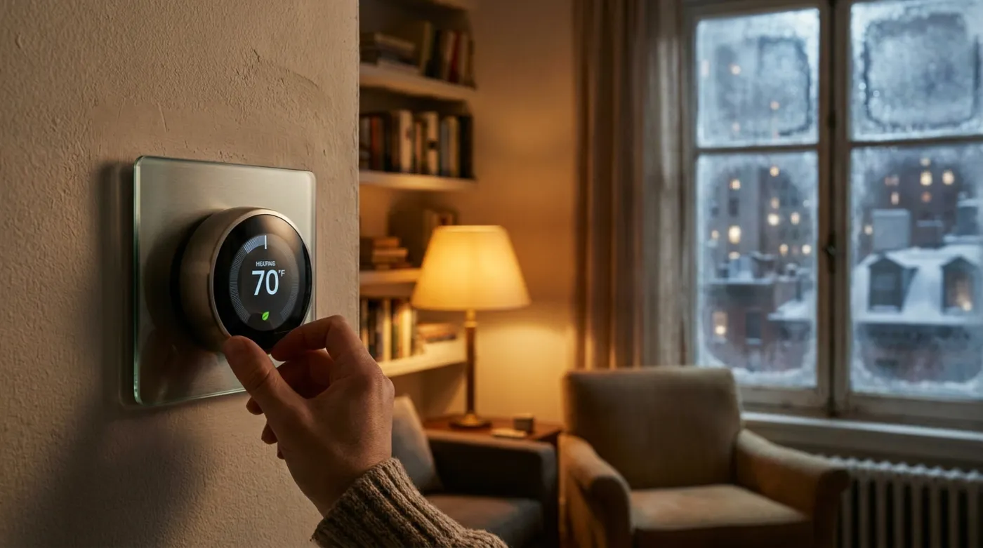 Smart thermostat in a cozy apartment in winter
