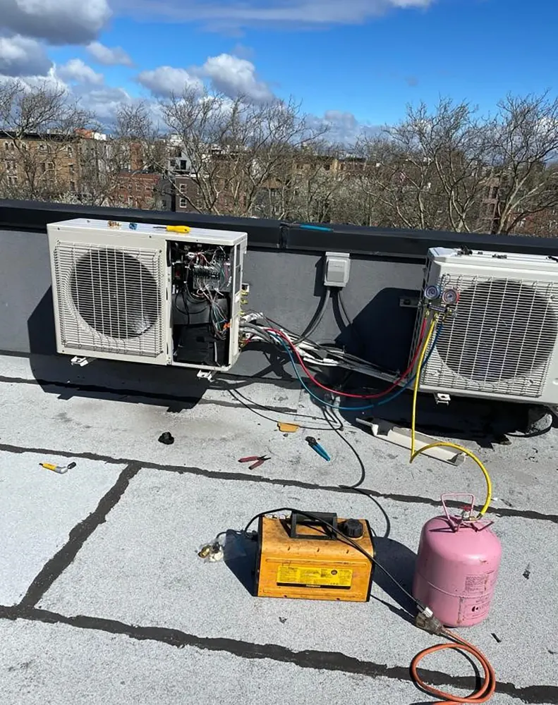 Refrigerant work on a NYC rooftop — real Chill Factor job